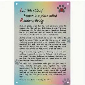 Rainbow colored metal tin sign with “Rainbow Bridge” poem for pet loss sympathy